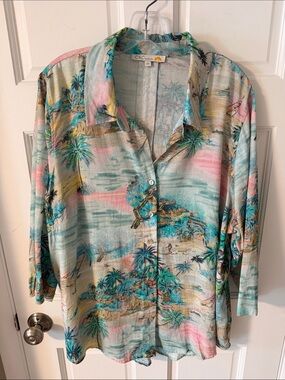 C&C California Linen Resort Button Down Shirt Coastal Beachy Tropical Palms 2X